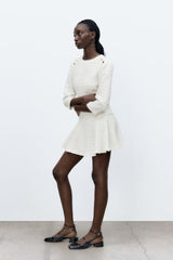 Women's Autumn Winter Crew Neck Slim Fit Buttoned Decorative Texture Short Dress