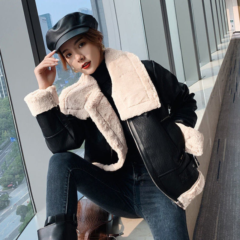 velvet thick PU leather motorcycle suit sheepskin