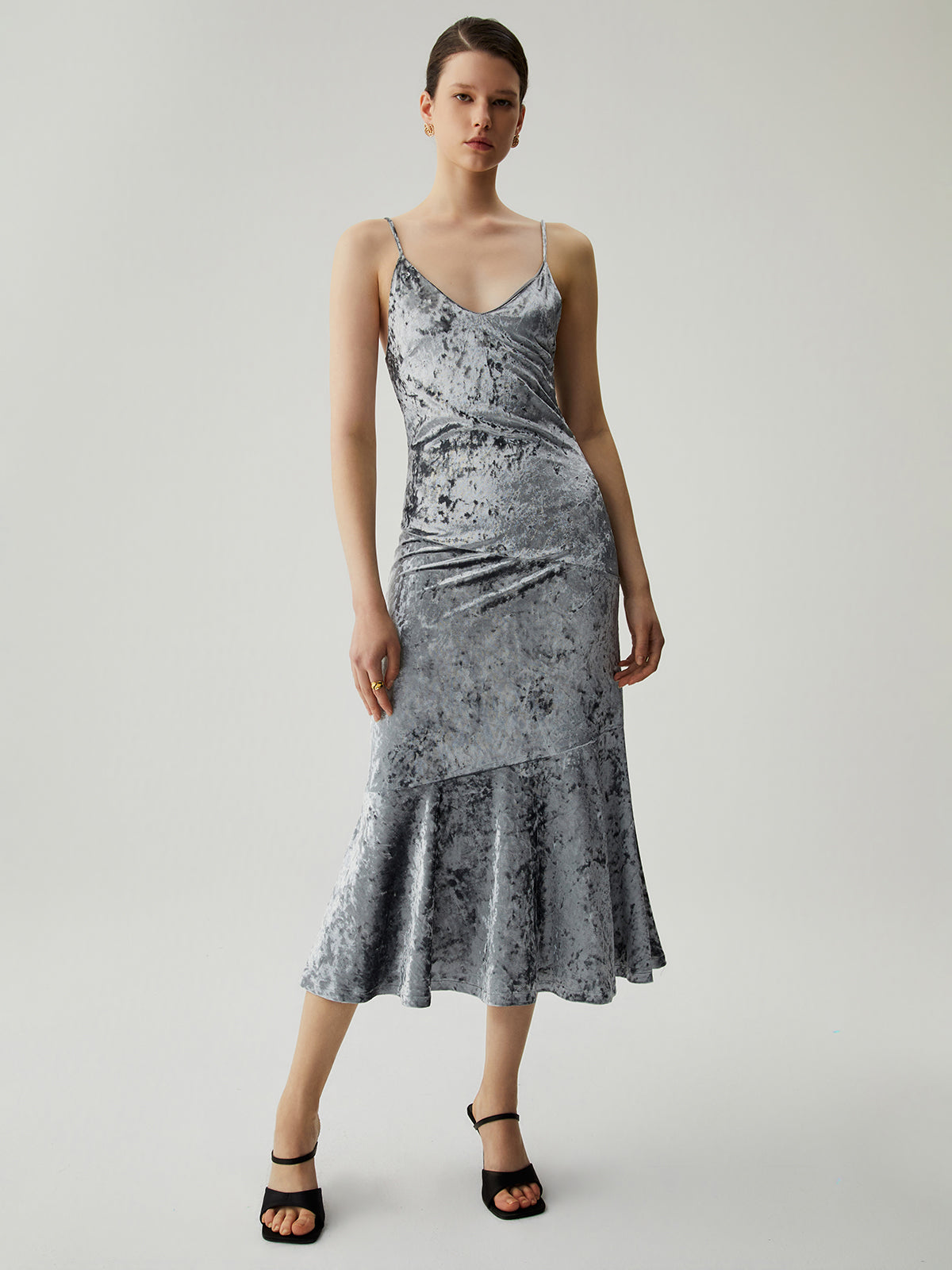 Velvet Ruffled Trim Cami Midi Dress