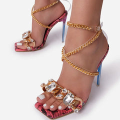 Snake Sandals High Heels Rhinestone Heel