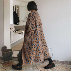 Leopard-print Sweater Knee-length Casual V Neck Full Cardigan Coat