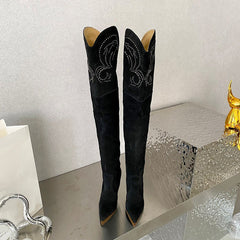 Knee Boots Suede real Leather Pointed Toe Embroidery Long Boots