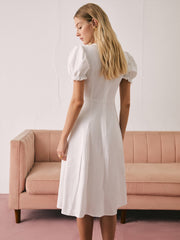 Sweetheart Puff Sleeve Button Down Midi Dress