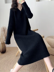 Women's Sweater Dress Solid V-neck Pullover Fashion Long Sleeve Knitted Elegant Dress