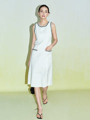 Tweed Sleeveless Contrast Trim Split Midi Dress