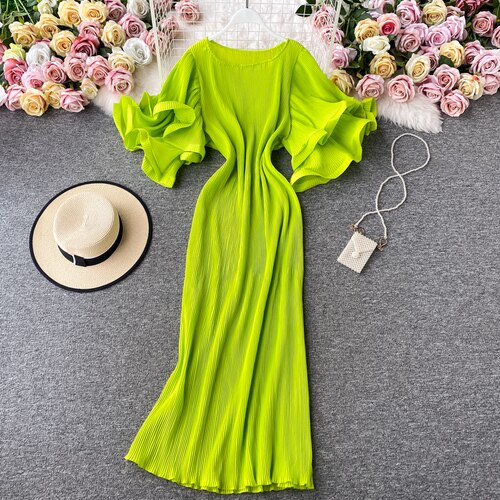 Round Neck Flare Short Sleeve Pleated Long Dress Vintage High Waist Ruffles