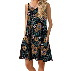 Women's Stylish Floral Sleeveless Pocket Tank Top A-Line Boho Beach Vacation Casual Dress