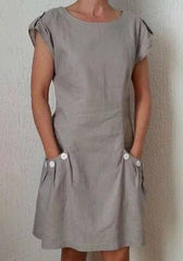 Vintage Short Sleeve Solid Pocket O Neck Cotton Linen Casual Dress