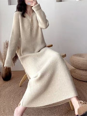 Women's Sweater Dress Solid V-neck Pullover Fashion Long Sleeve Knitted Elegant Dress