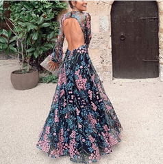 Sexy backless slim print longuette midi dress