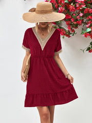 Summer Fashion Solid Polka Dot Lace Casual V Neck Elegant Party Mini Dress