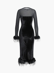 Velvet Feather Contrast Trim Corset Midi Dress