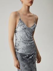 Velvet Ruffled Trim Cami Midi Dress