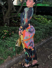 Print Long Sleeves Graphic Patchwork Sexy Slim Maxi Prom Dress
