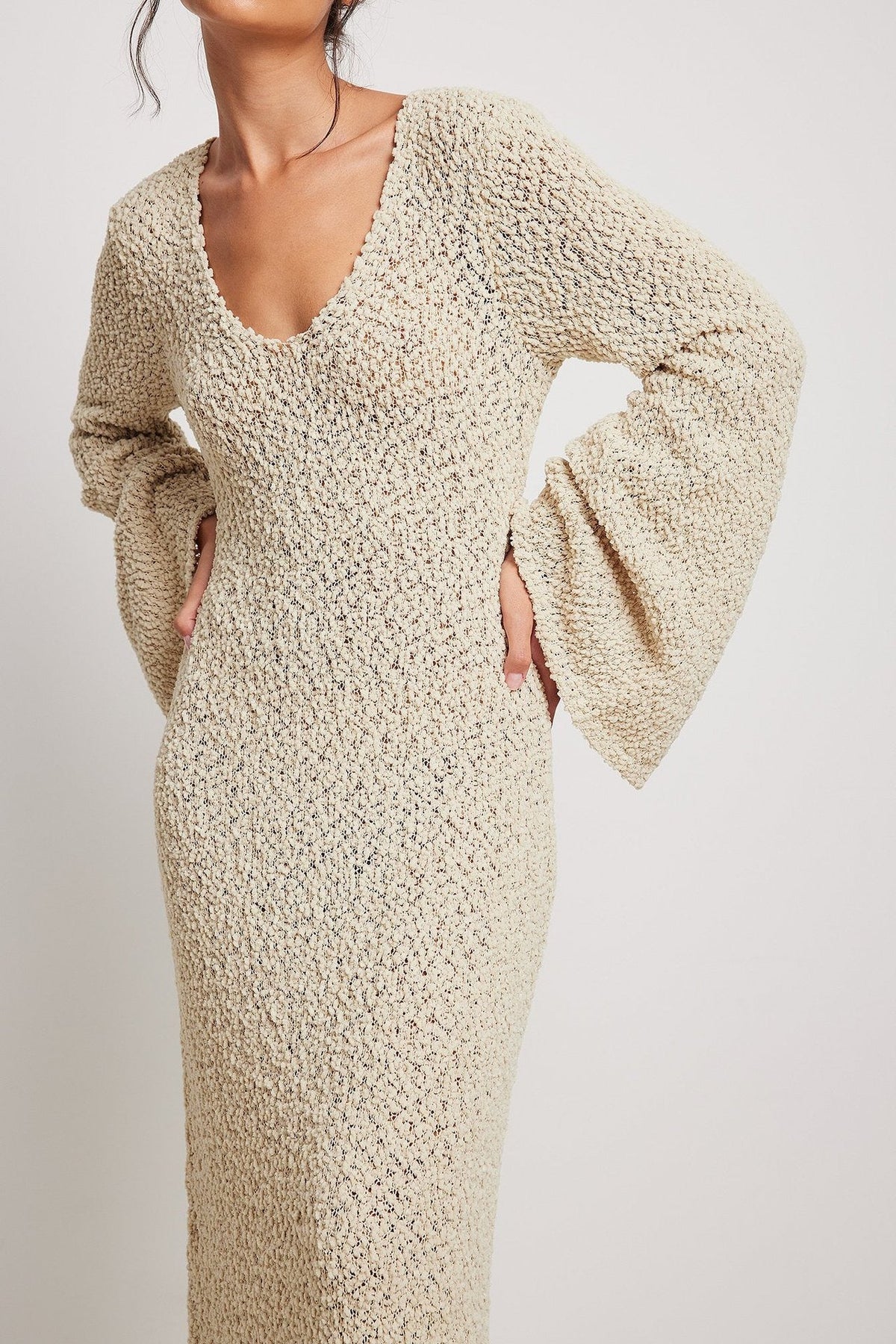 Woman Long Dress Elegant Fashion Knitted Plush Long Flared Sleeve Backles