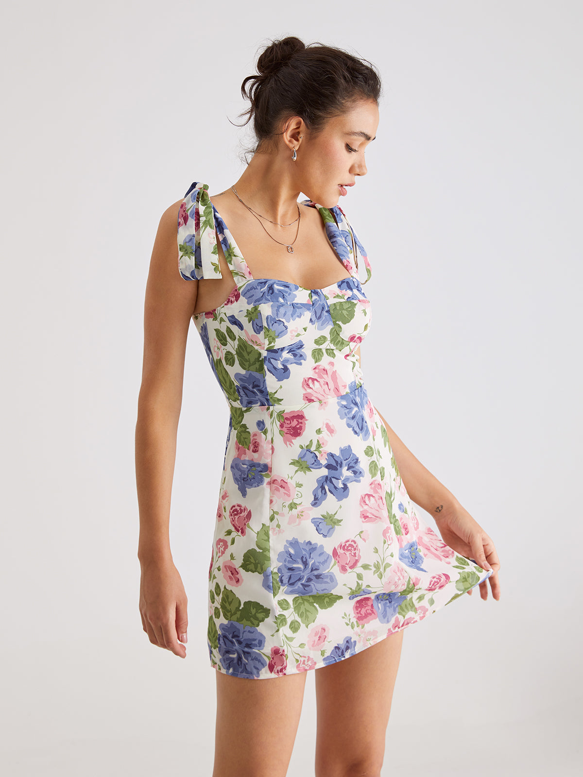 Sweetheart Floral Bloom Tie Strap Mini Dress