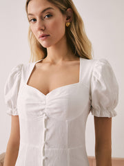 Sweetheart Puff Sleeve Button Down Midi Dress