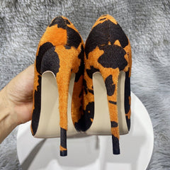 Orange Cow Print Hairy Flock High Heel Shoes 8cm 10cm 12cm