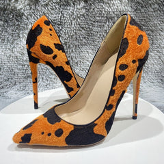 Orange Cow Print Hairy Flock High Heel Shoes 8cm 10cm 12cm