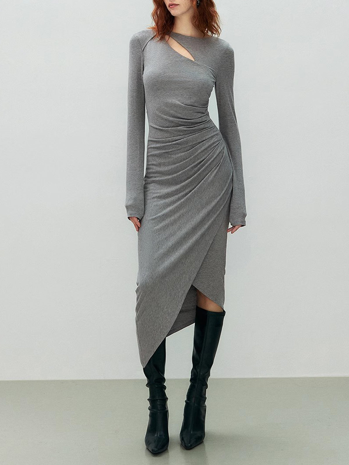 Asymmetrical Draped Cutout Crew Neck Long Sleeve Midi Knit Dress