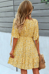 V Neck Floral Print Knot Sleeve Mini Dress