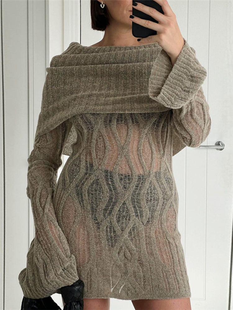 TARUXY Knitted Mini Dress For Women Slim Rib High Waist Flare Sleeve Dresses Femme 2023 Autumn Winter Bodycon Sexy Dress Woman