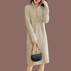 Solid Knitted Stand Collar Fashion Loose Thick Elegant Sweater Dress