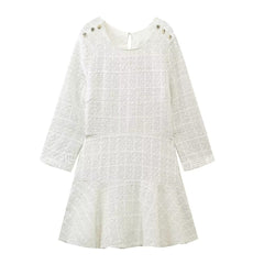 Women's Autumn Winter Crew Neck Slim Fit Buttoned Decorative Texture Short Dress