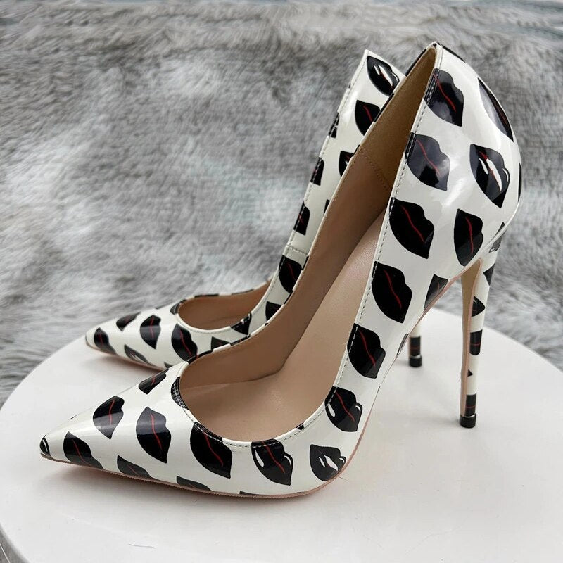 Lips Print Slip On Pointy Toe High Heel Shoes