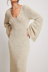 Woman Long Dress Elegant Fashion Knitted Plush Long Flared Sleeve Backles