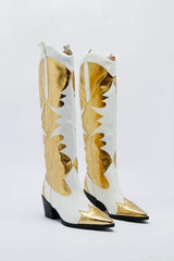 Thick heeled women's shoes, long and short boots, gold stitching women's shoes