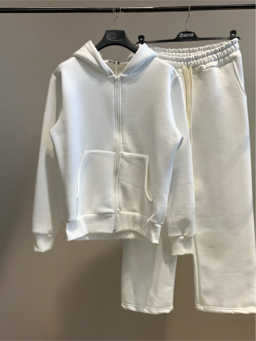 Completo tuta hoodie full zip fondo largo uomo panna