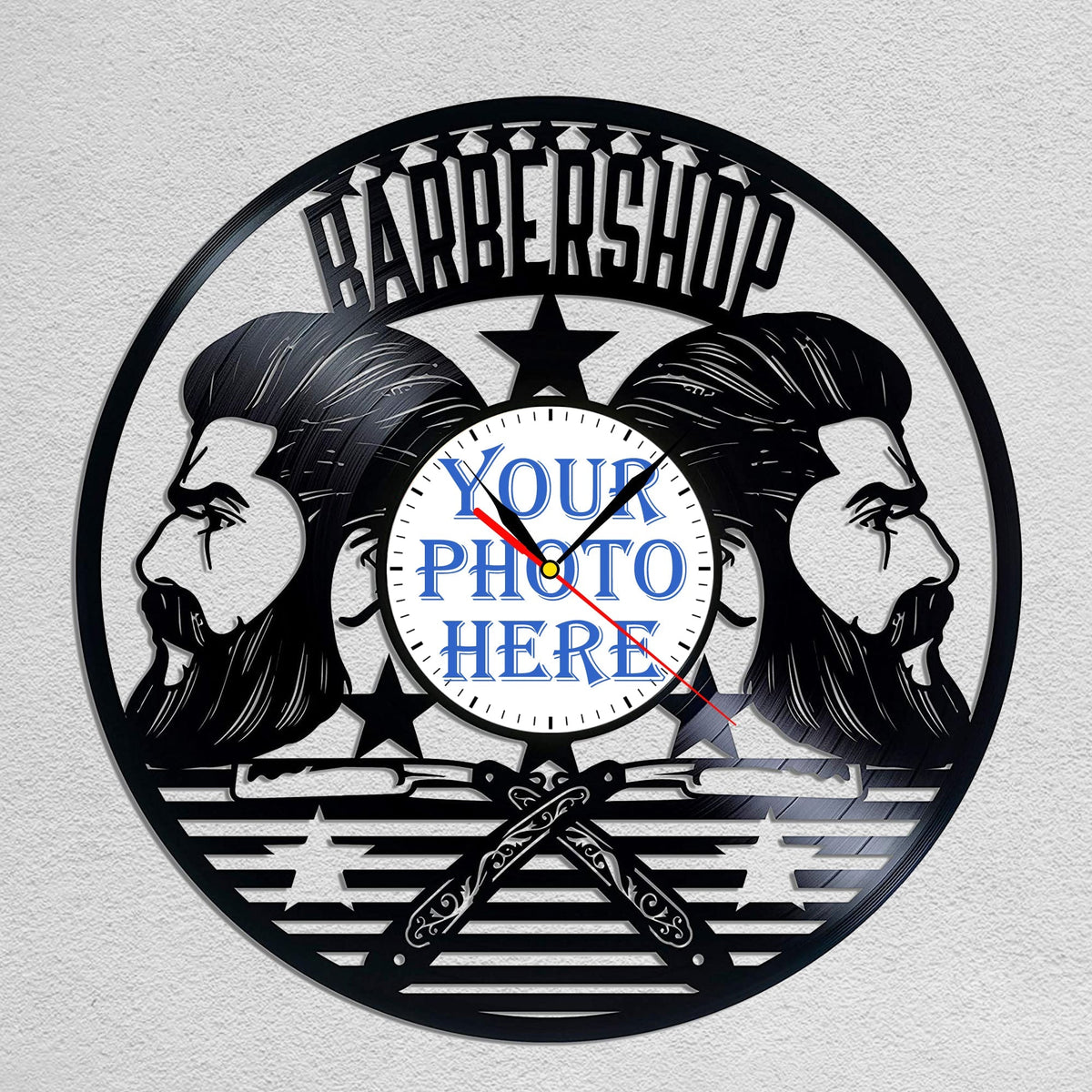Personalized Barbershop Wall Clock â€?Custom LP Record Design, Silent Quartz Movement