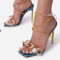 Snake Sandals High Heels Rhinestone Heel