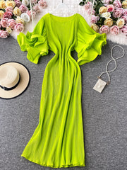 Round Neck Flare Short Sleeve Pleated Long Dress Vintage High Waist Ruffles