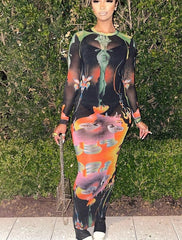 Print Long Sleeves Graphic Patchwork Sexy Slim Maxi Prom Dress
