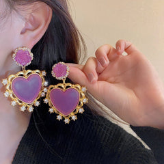 Rhinestone Resin Flower Heart Earrings