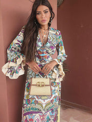 Vintage Flower Print V Neck Loose Long Boho Dress