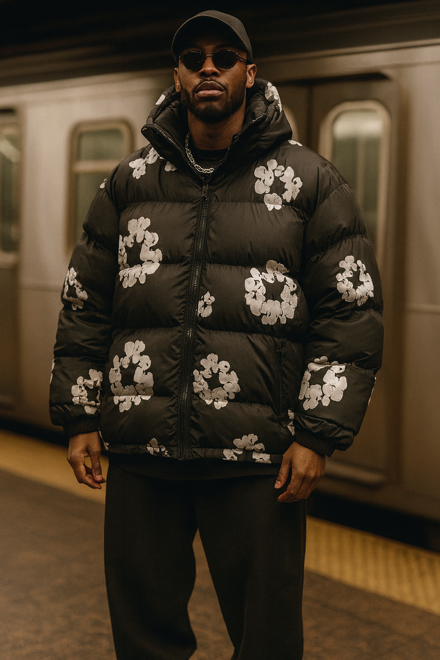 Puffer Jacket Streetwear Oversize â€?Black Floral Edition