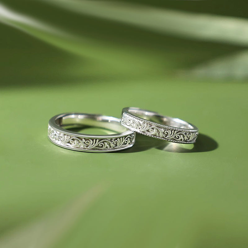 Vintage Floral Promise Rings - White Gold Engravable Set