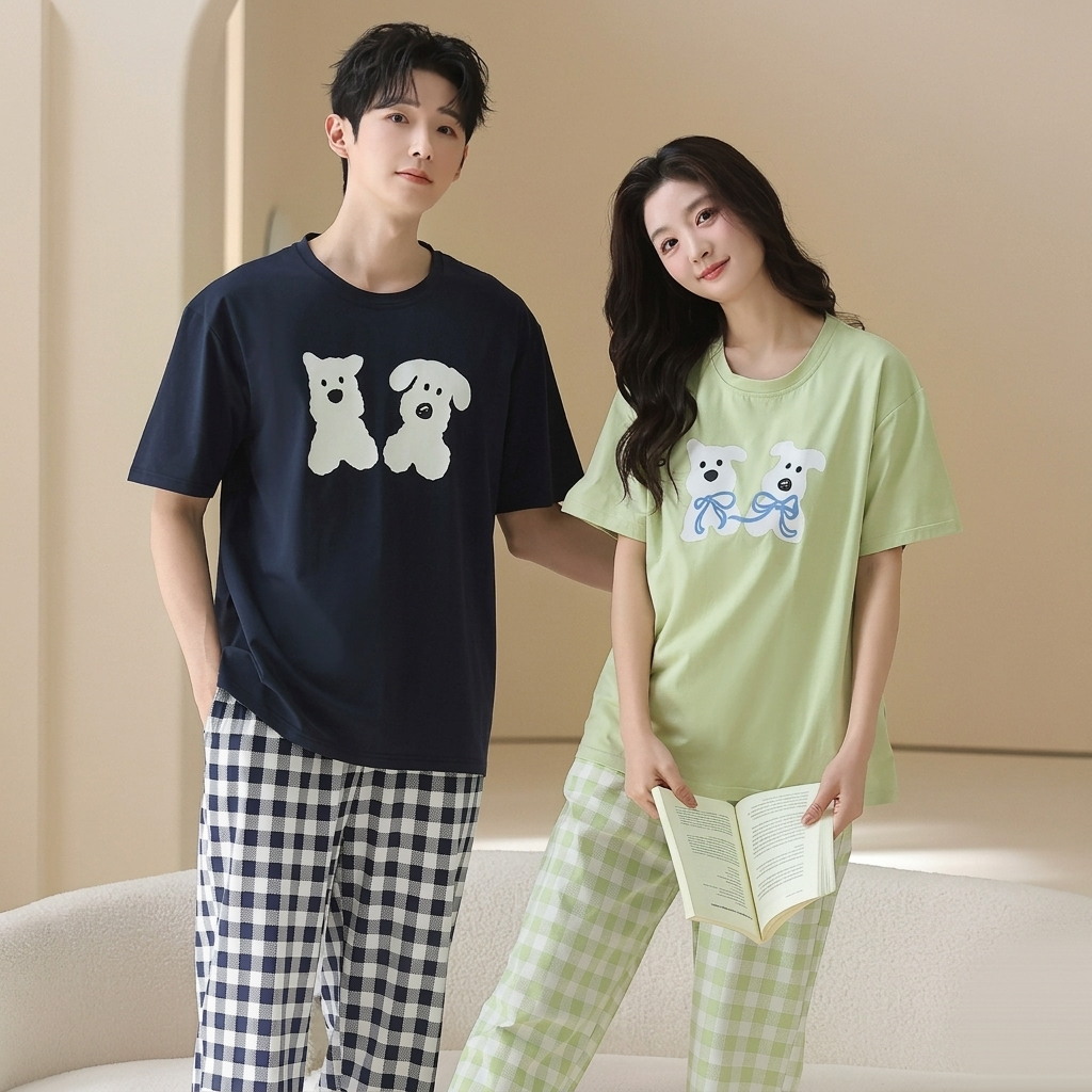 Cute Dog Graphic & Checkered Couple Lounge Set