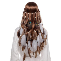 Boho hair braid with hanging feathers