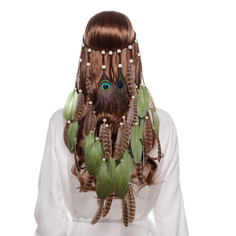 Boho hair braid with hanging feathers