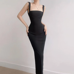 Black Square Neck Back Strap Midi Dress