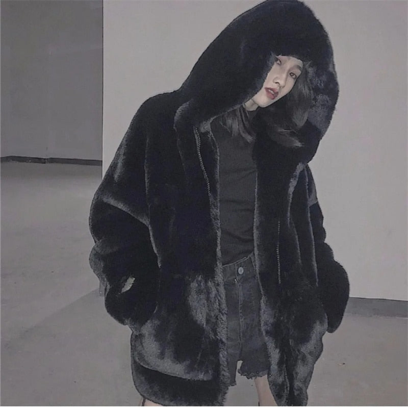High Quality Furry Plush Rabbit Fur Coat Hooded