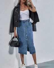Blue Denim Button Up High Waist Front Split Skirt