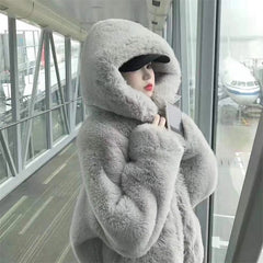 High Quality Furry Plush Rabbit Fur Coat Hooded