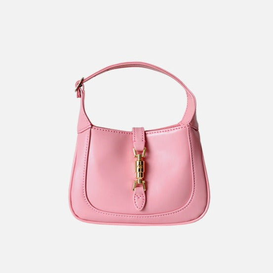 Pink Classic Curved Leather Handbag with Signature Buckle Closure