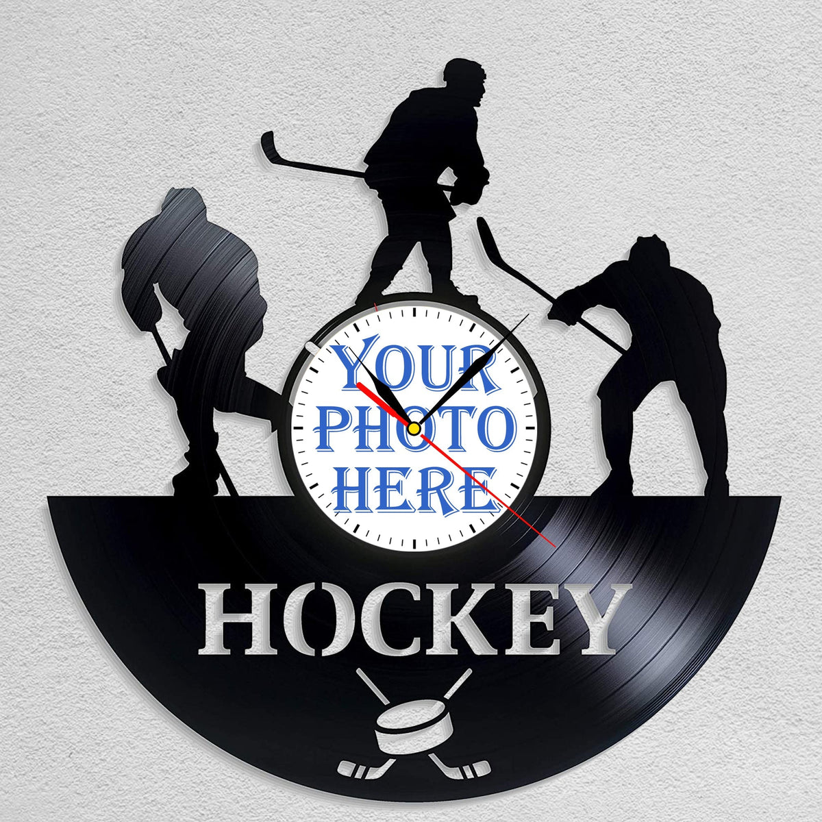 Personalized Hockey LP Record Wall Clock â€?Custom Photo & Name, Silent Quartz