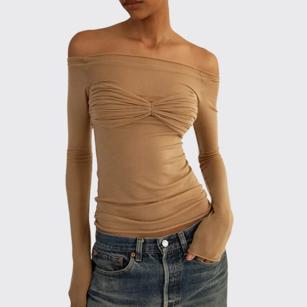 Beige Long Sleeve See Through Knit Off The Shoulder Top